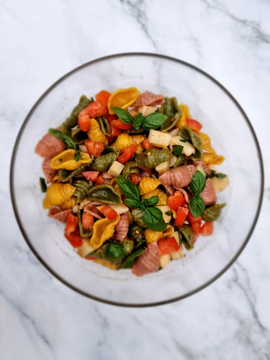 Cold Pasta Caprese Salad - with our tri-colour Conchiglie