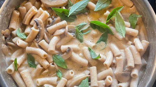 Wholewheat Rigatoni Extravaganza with Beer, Cheese, and Mushrooms