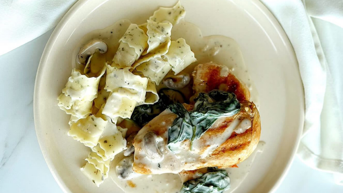 Creamy Mushroom Spinach Pasta with Grilled Chicken by Sheeba Desouza